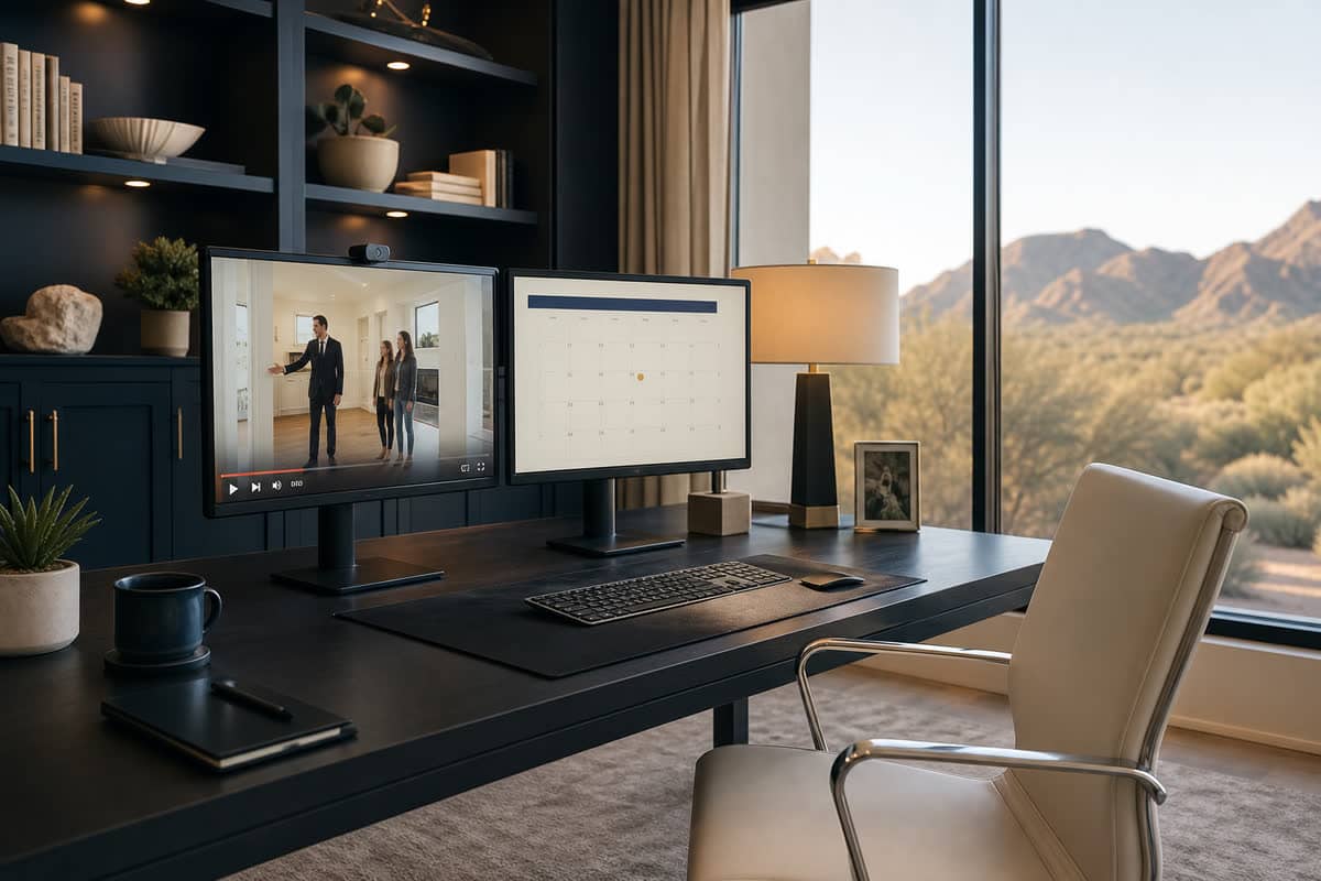 Dual monitors in a desert-view office: a paused home video tour on one screen and a calendar on the other.