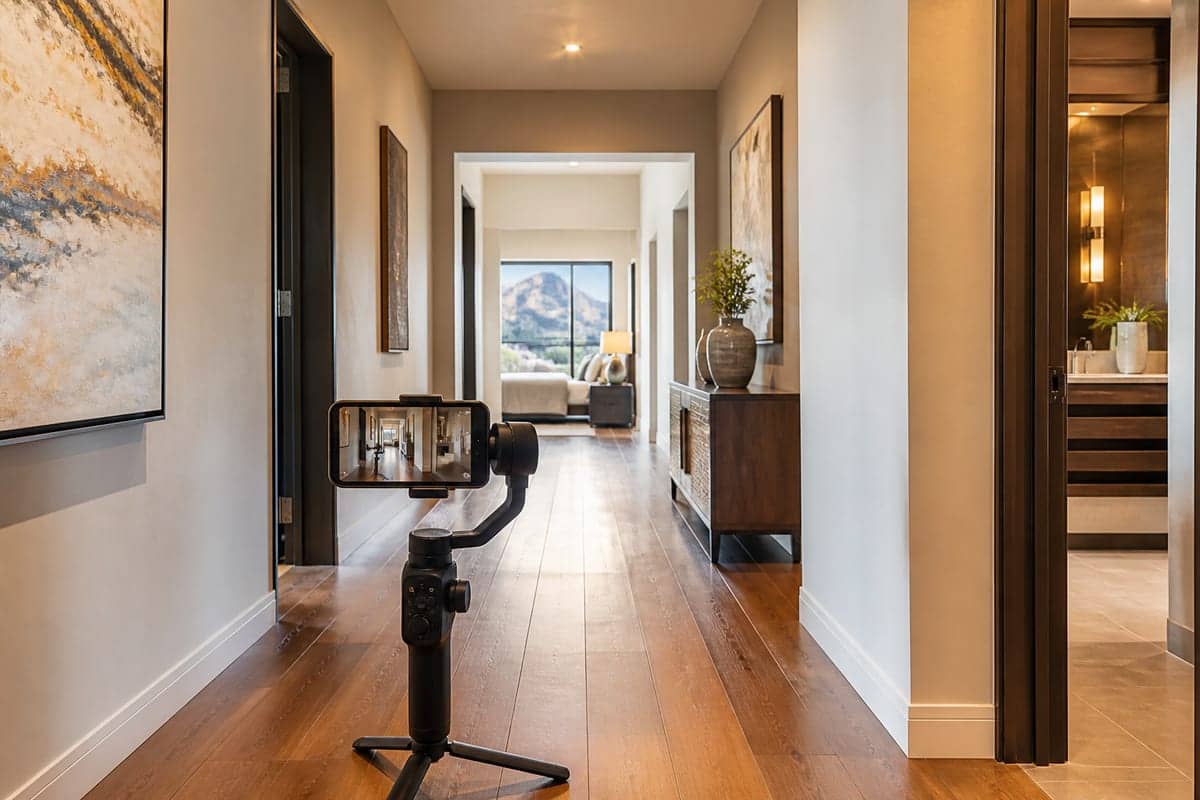 Wide single-level hallway with a camera gimbal in the foreground filming a remote Zoom tour.