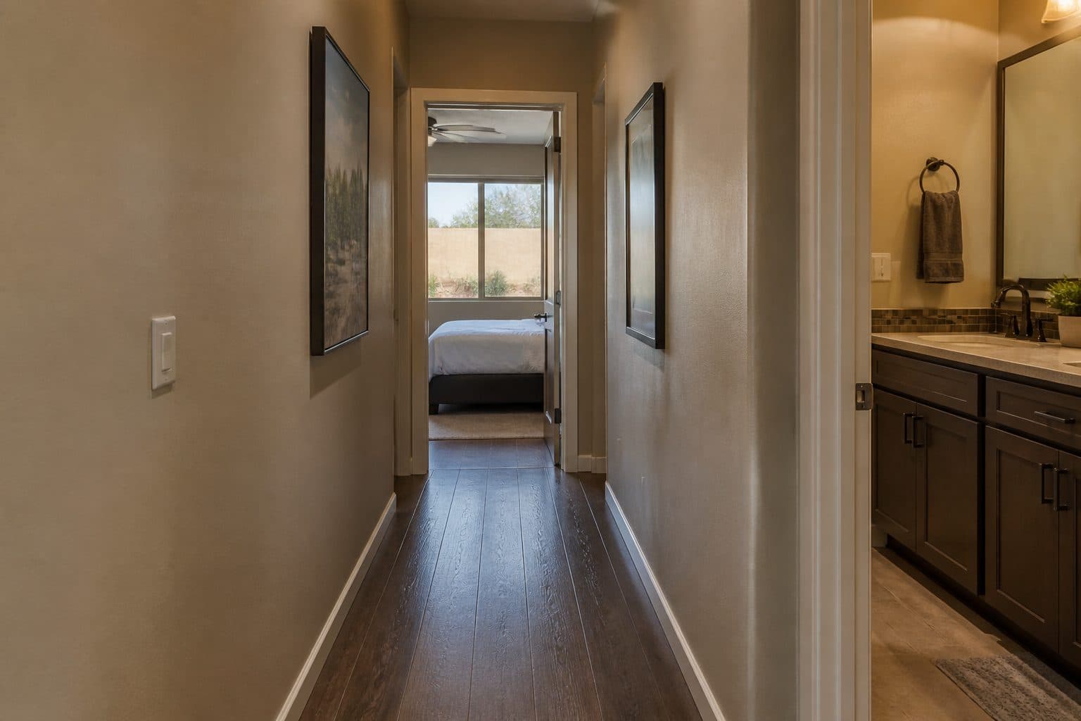 Clear 36-inch hallway to a bedroom and bathroom on one finished level, no interior stair.