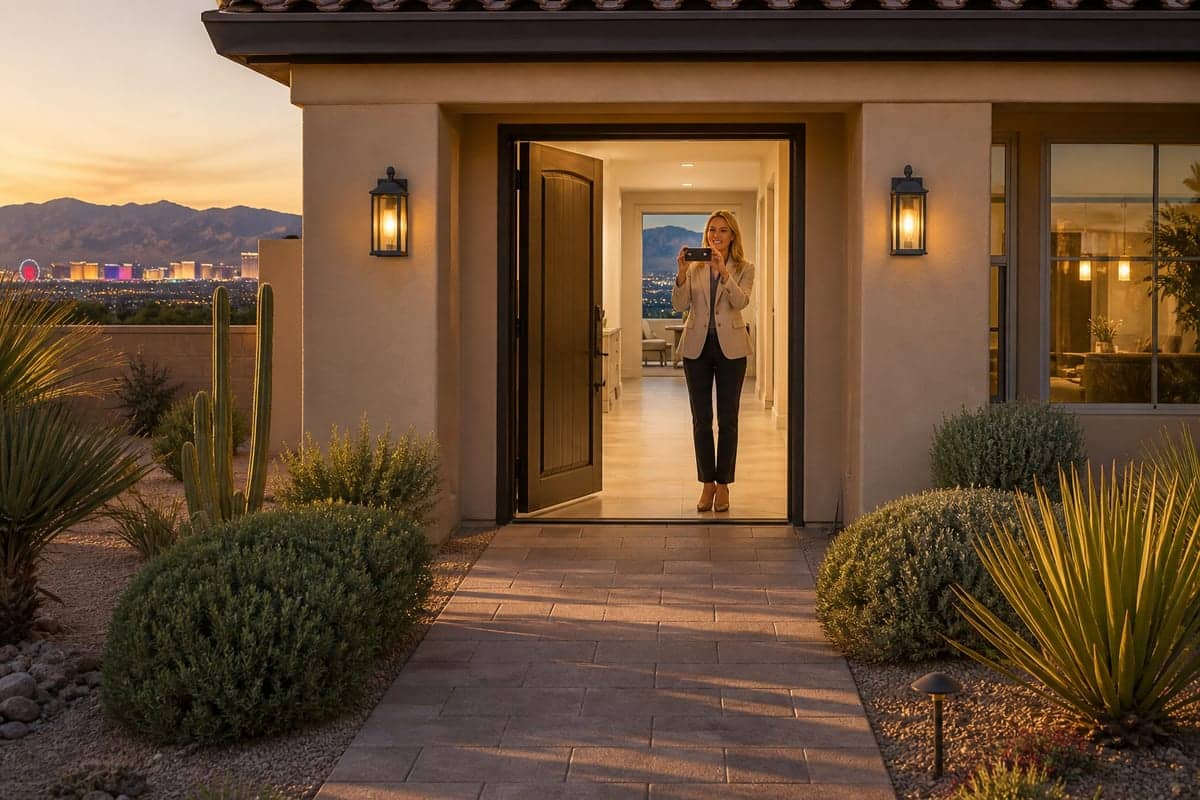 Covered front walk and open door of a single-level Las Vegas home as an agent films a live video tour.