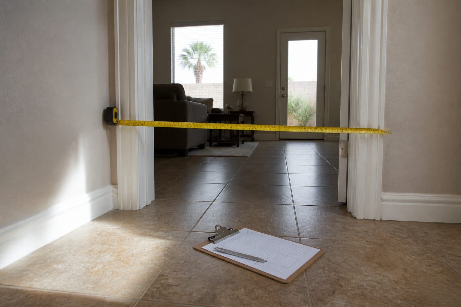 Tape measure stretched across an open doorway with a glossary clipboard on the floor.