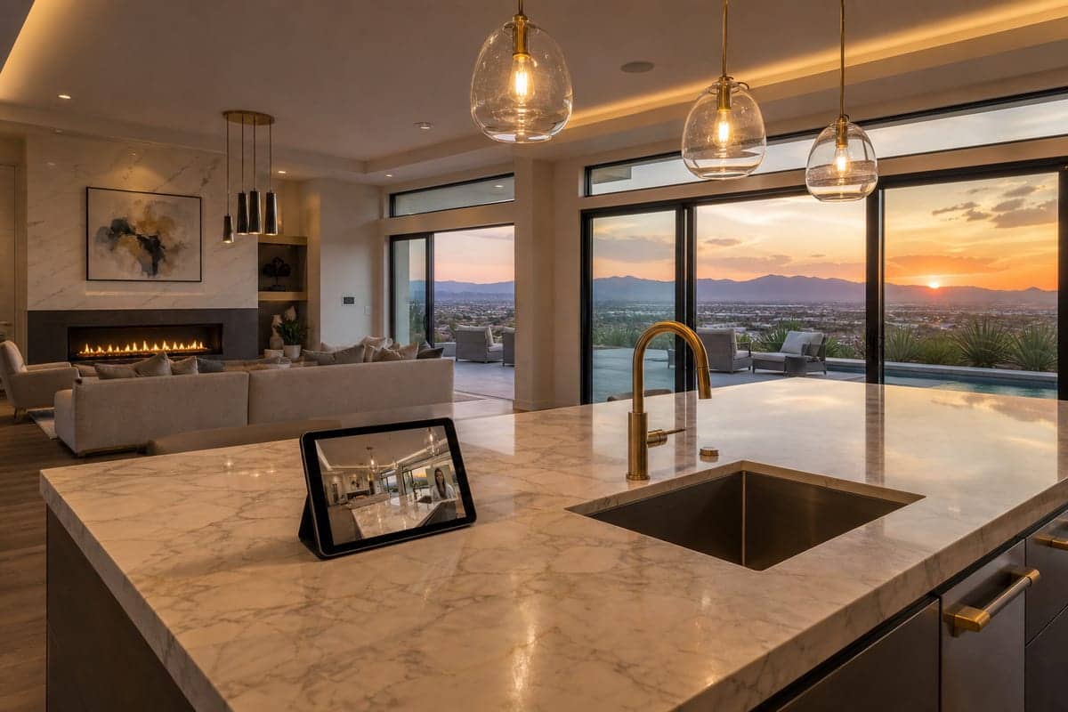 Open kitchen island with a brass lever faucet and a tablet playing a live Zoom walkthrough of the room.