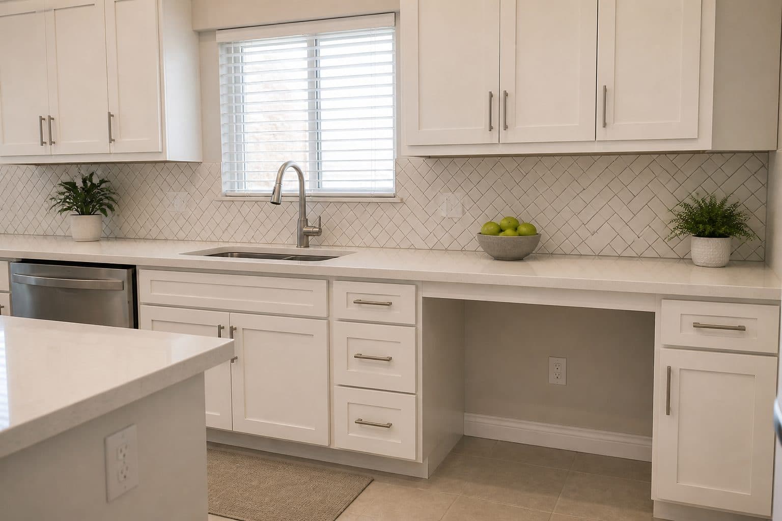 Kitchen work surface with an open knee-clearance span and lever faucet controls.