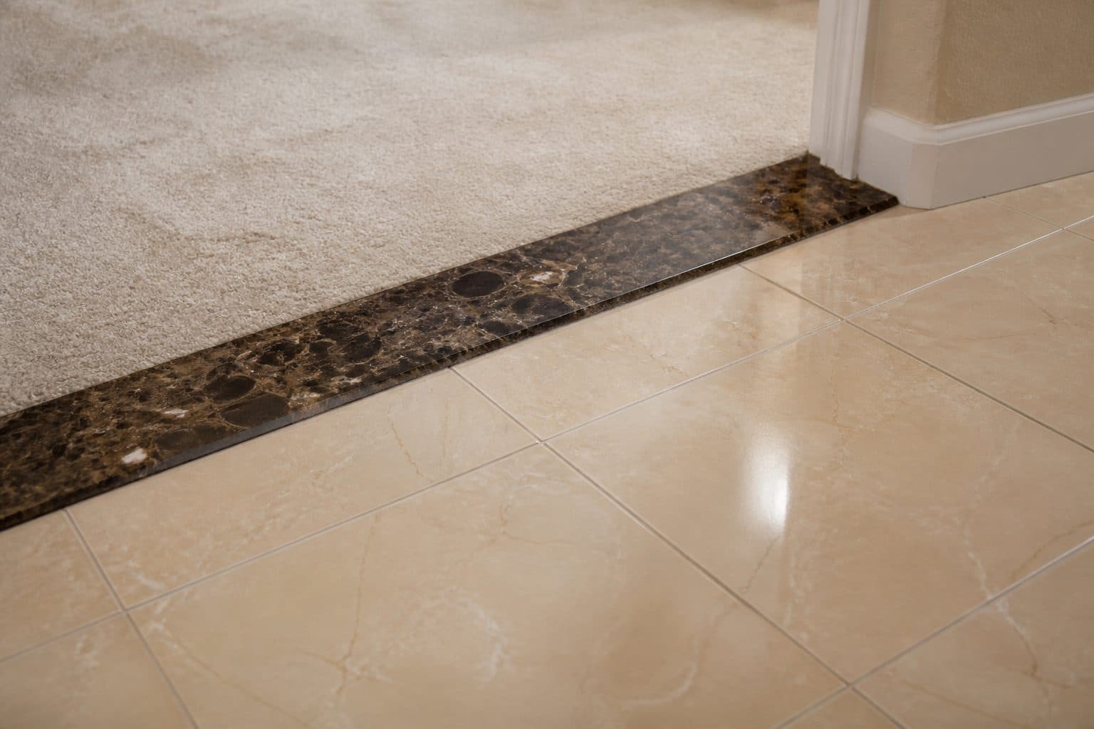 Well-lit threshold with a contrasting strip at a level change, no glare bloom on the floor.
