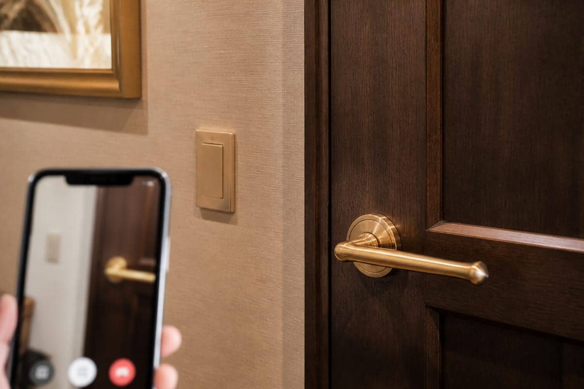 Brass lever door handle and a nearby light switch, with a phone showing the same doorway on a video call.