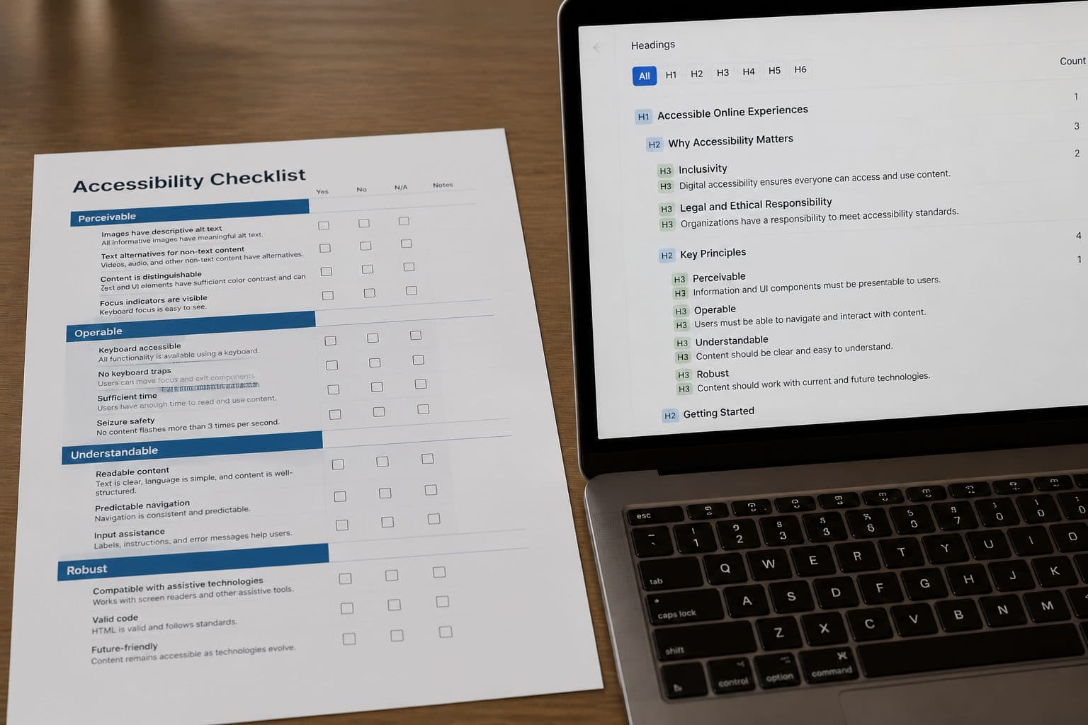 Printed WCAG 2.2 AA checklist next to a laptop displaying semantic heading outline.