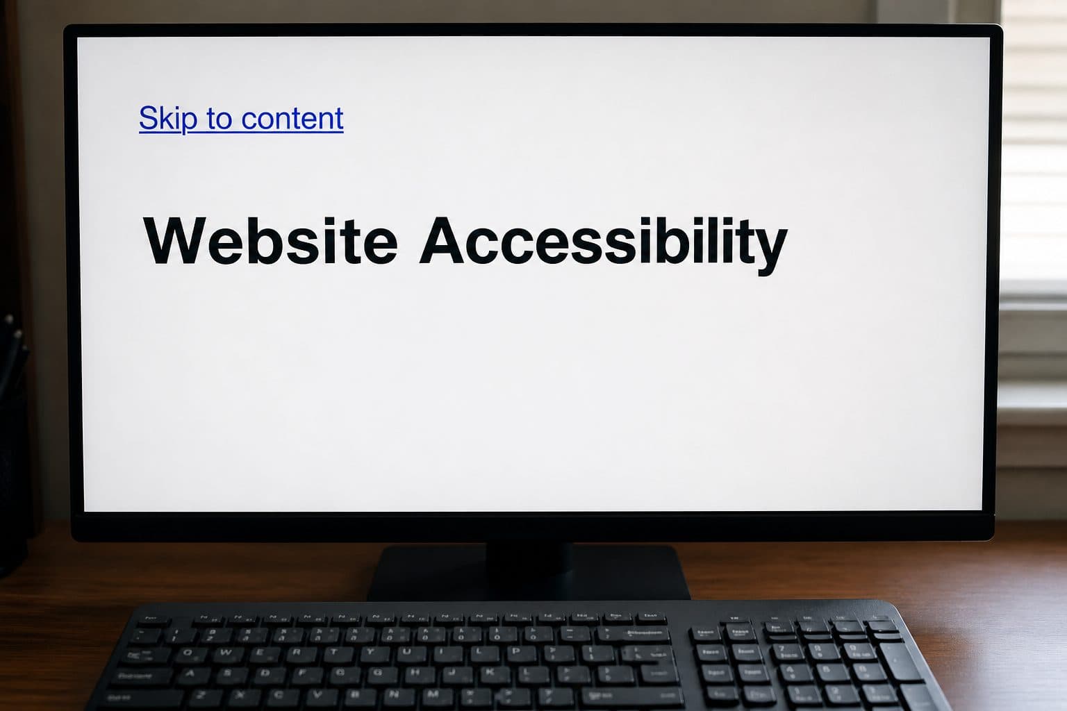 Keyboard and a large-text webpage showing a visible skip-to-content control and one H1.