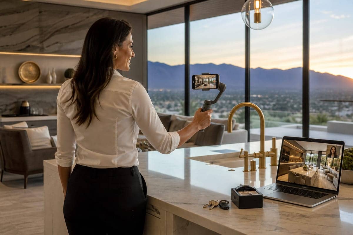 Kitchen island laptop showing a live Zoom listing tour. No floating accessibility-widget button on the screen.