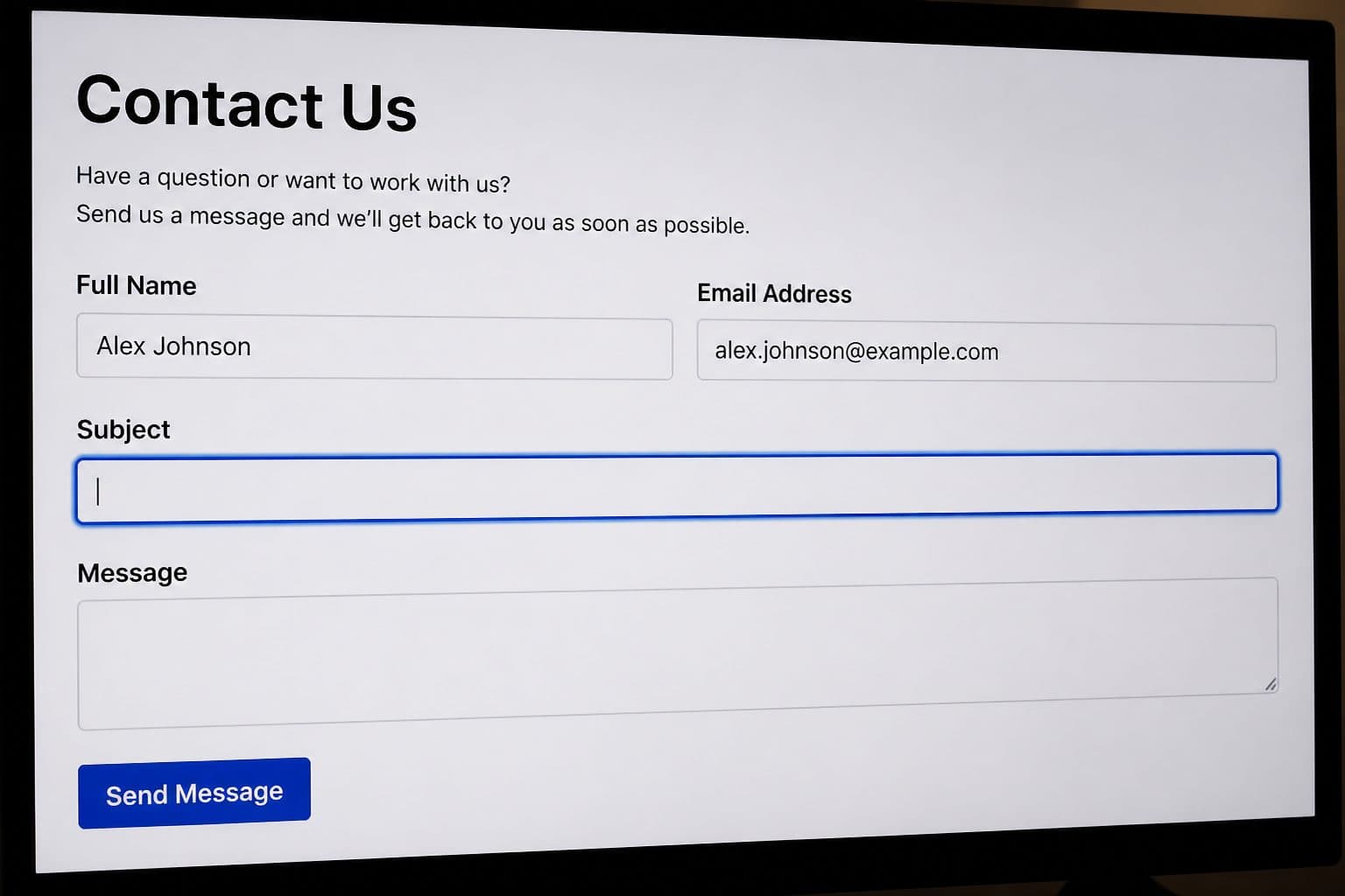 Contact form on a large-text screen with labeled fields and a visible focus ring.