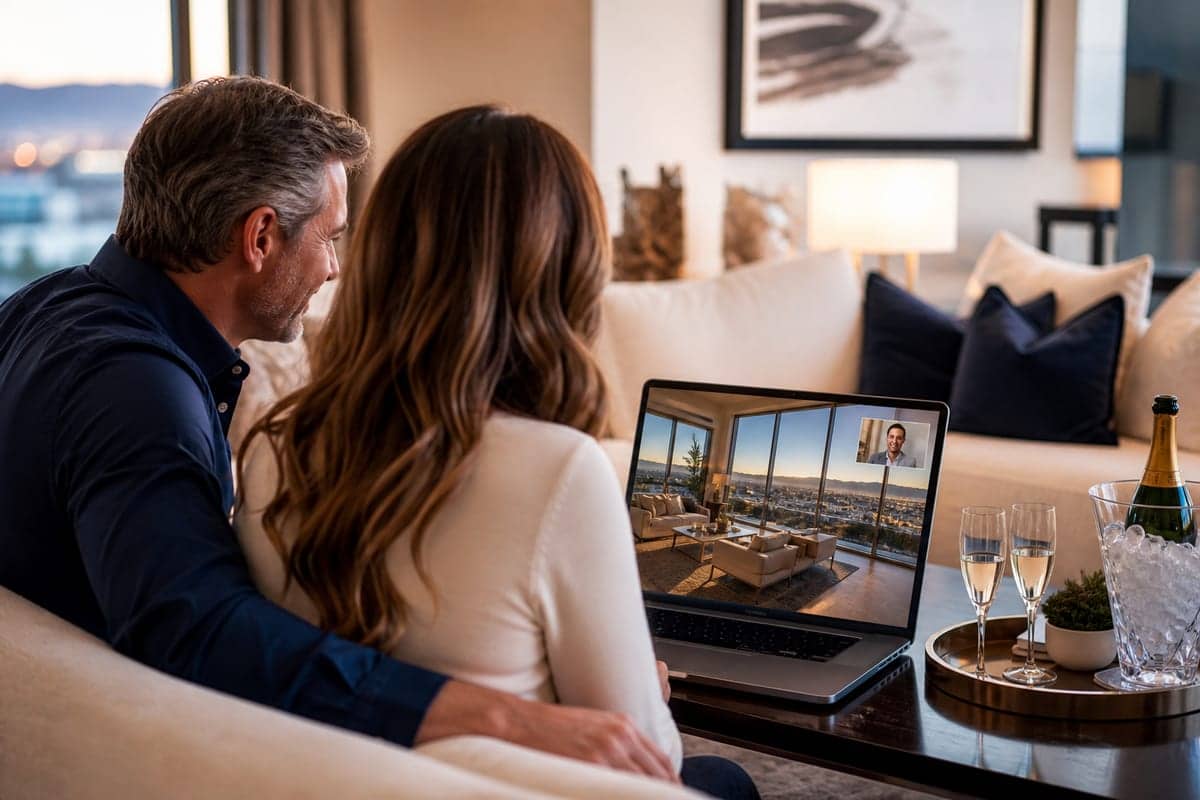 Two adults on a sofa joining a Zoom home tour — large tap targets on the laptop and phone call controls.