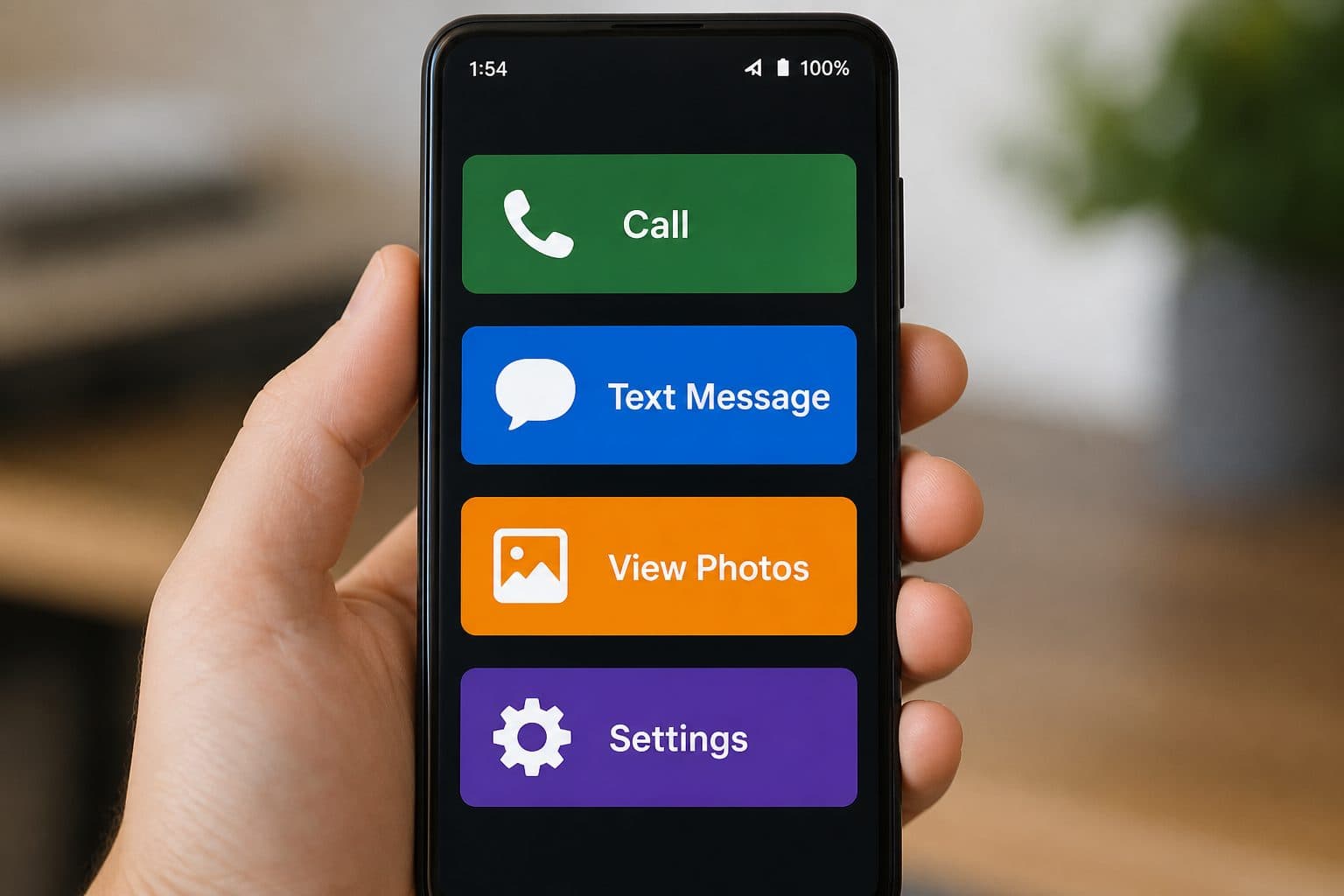 Phone screen with large 44-pixel tap targets on primary buttons, ample spacing.