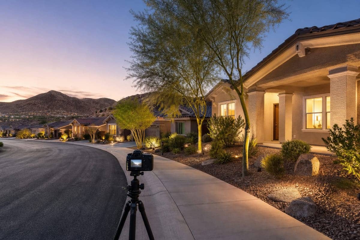 Henderson hillside street of single-level homes at dusk, camera on the sidewalk filming a video tour.