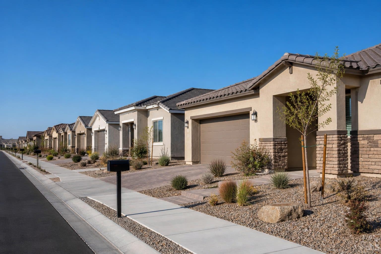 Builder street of single-level Nevada homes with mailboxes and a flat sidewalk.