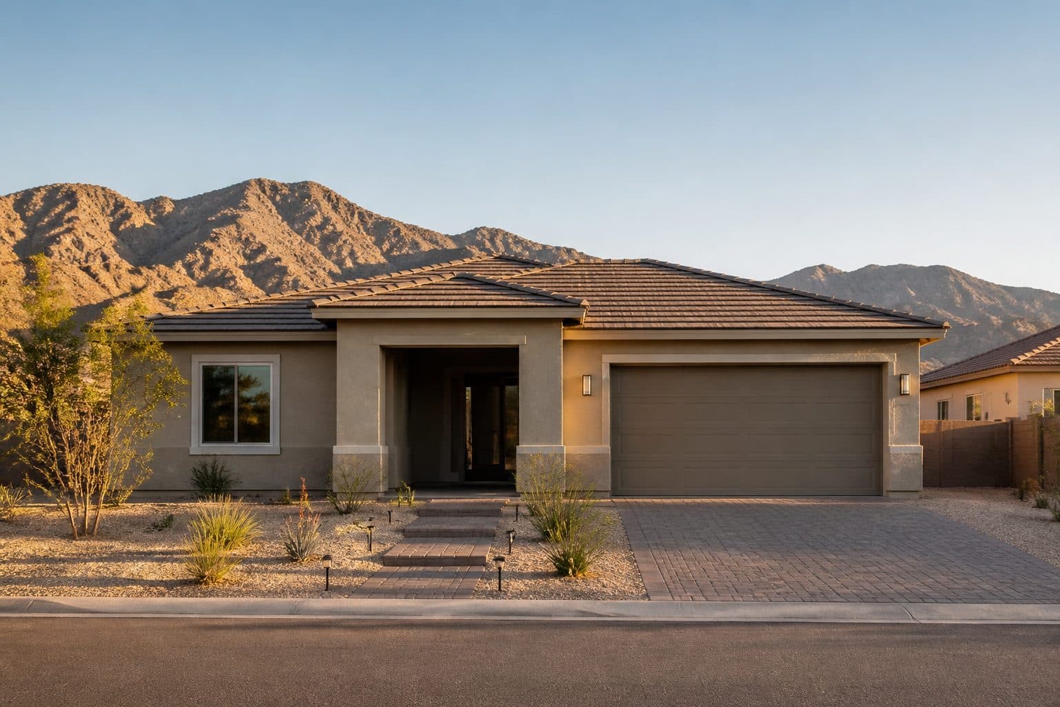 Single-level Las Vegas ranch with a covered zero-step entry and desert mountains behind.