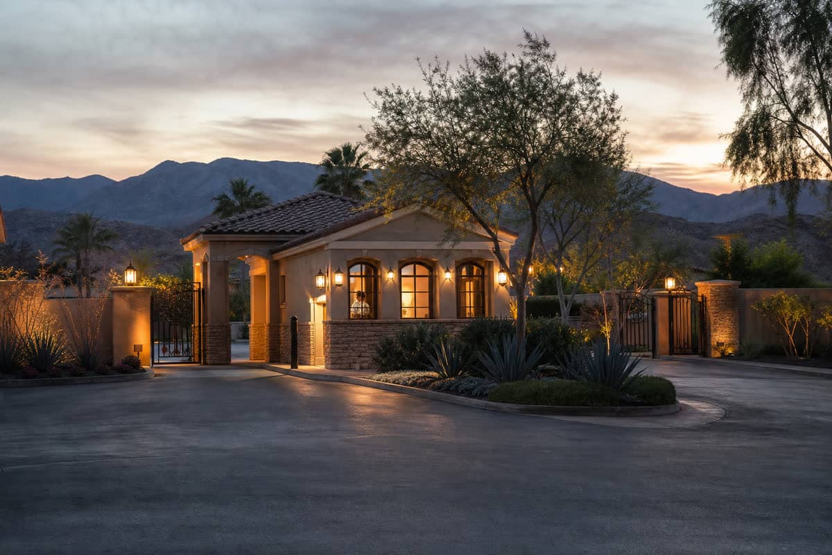 Staffed vehicle gatehouse at a Henderson community entrance, mountains beyond the wall.