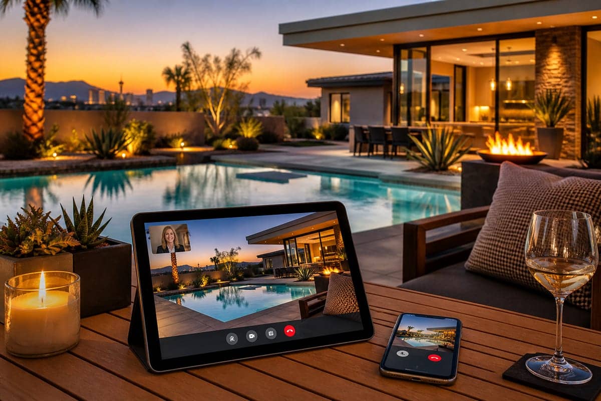 Luxury Las Vegas pool patio at sunset with a tablet playing a live Zoom walkthrough of the same backyard.