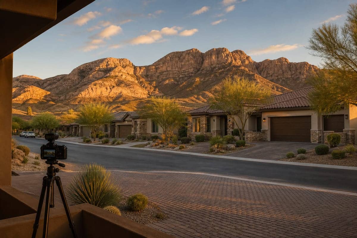 Northwest Las Vegas single-level homes with Red Rock in the distance, camera on the porch filming a remote tour.