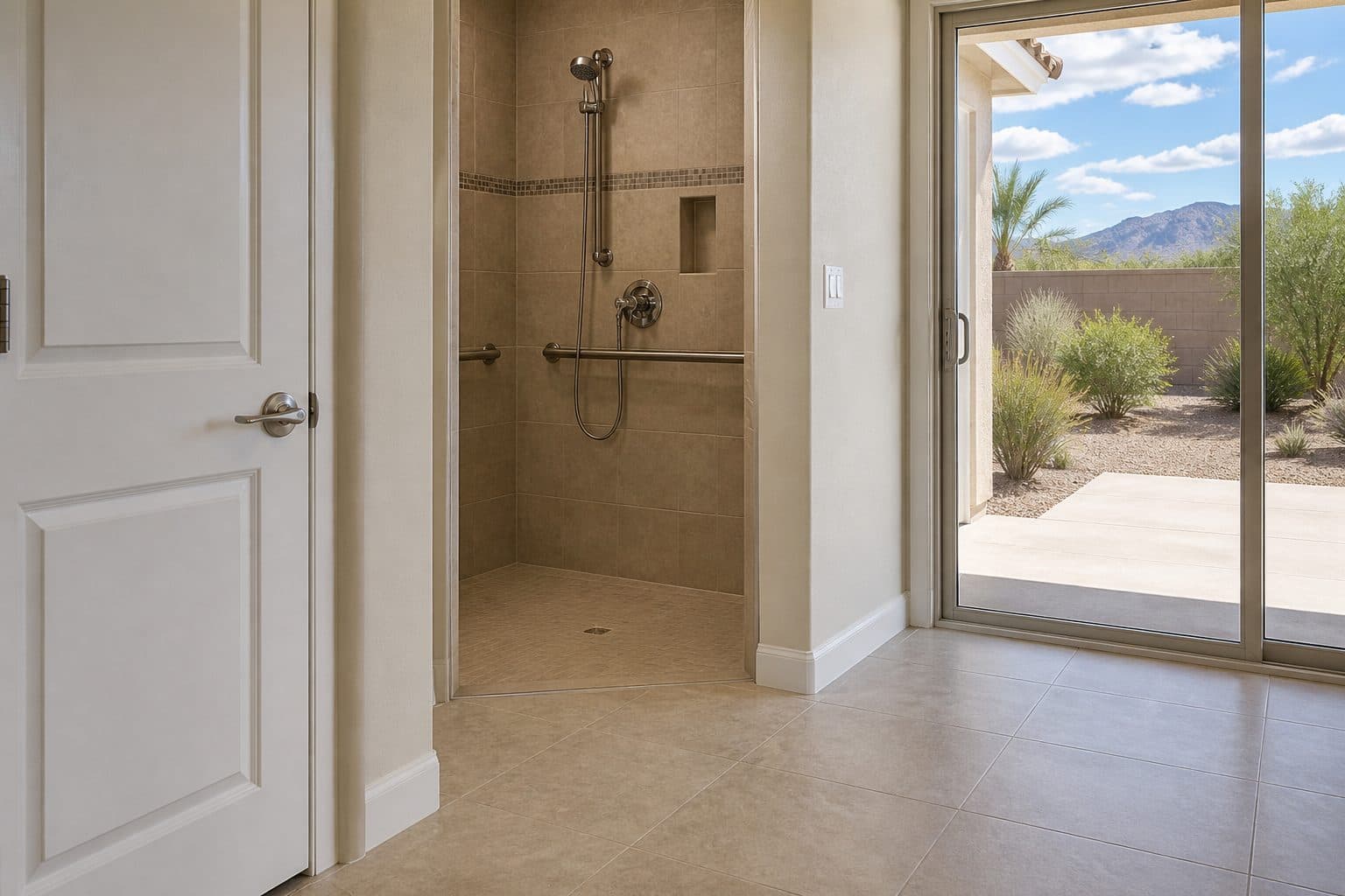 Interior: lever hardware, a roll-in shower doorway, and a zero-step patio slider on one level.