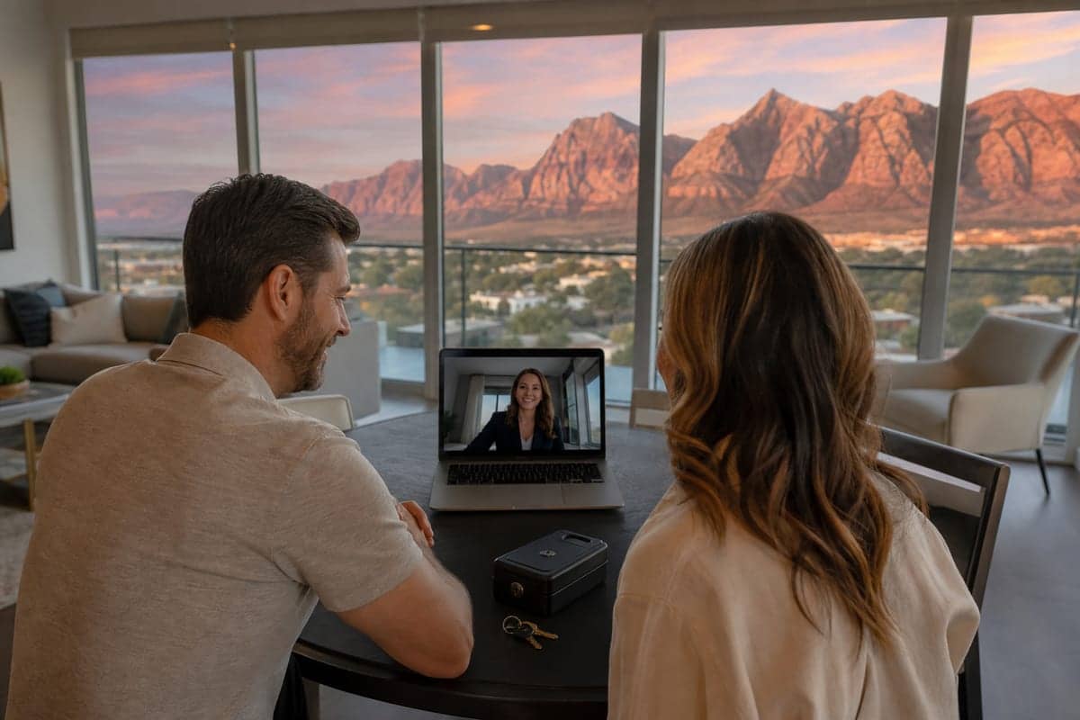 Sellers on a Zoom consult with an agent on the laptop, lockbox and keys on the table at sunset.