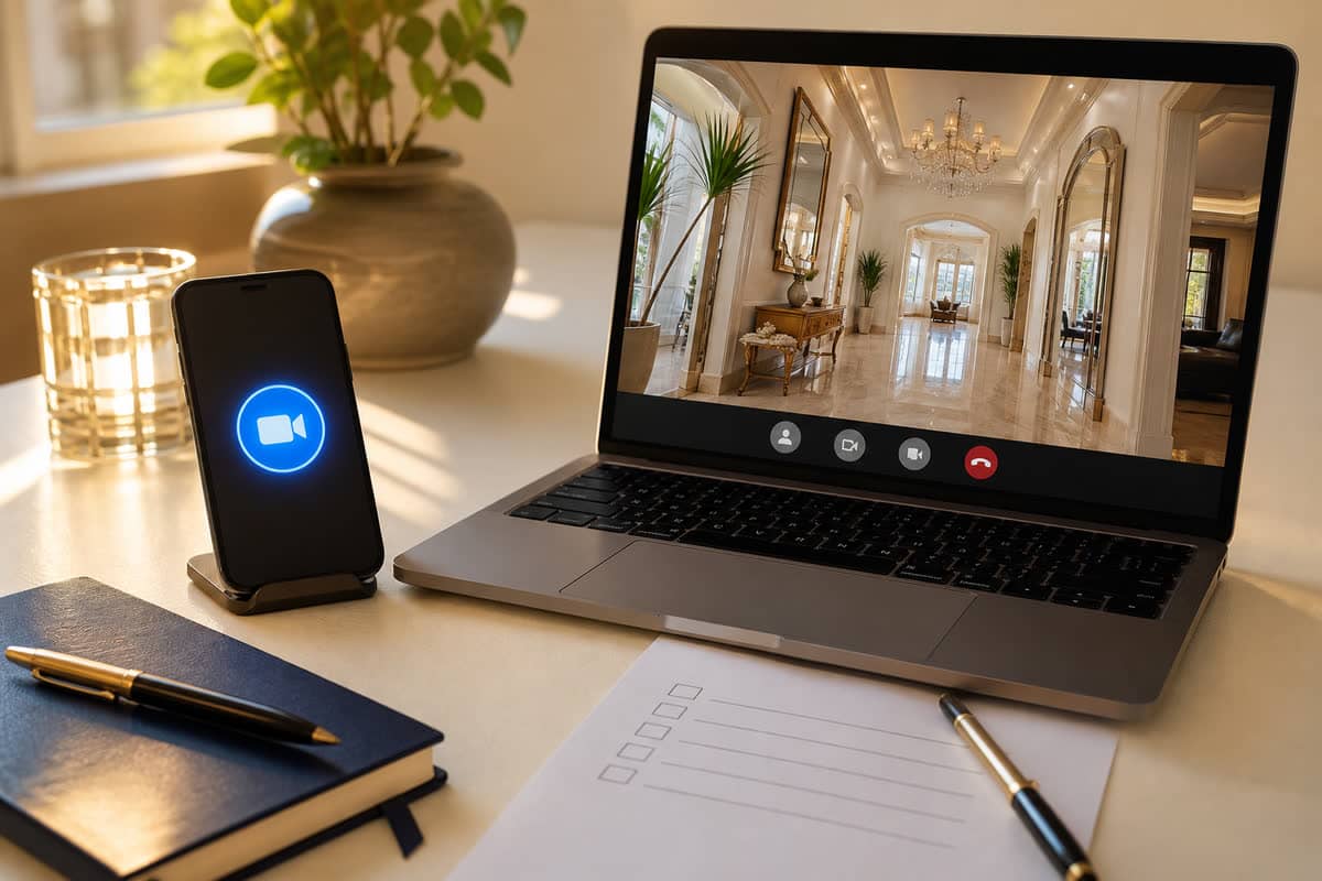 Phone showing a video-call join button beside a laptop playing a live Zoom tour of a luxury foyer.