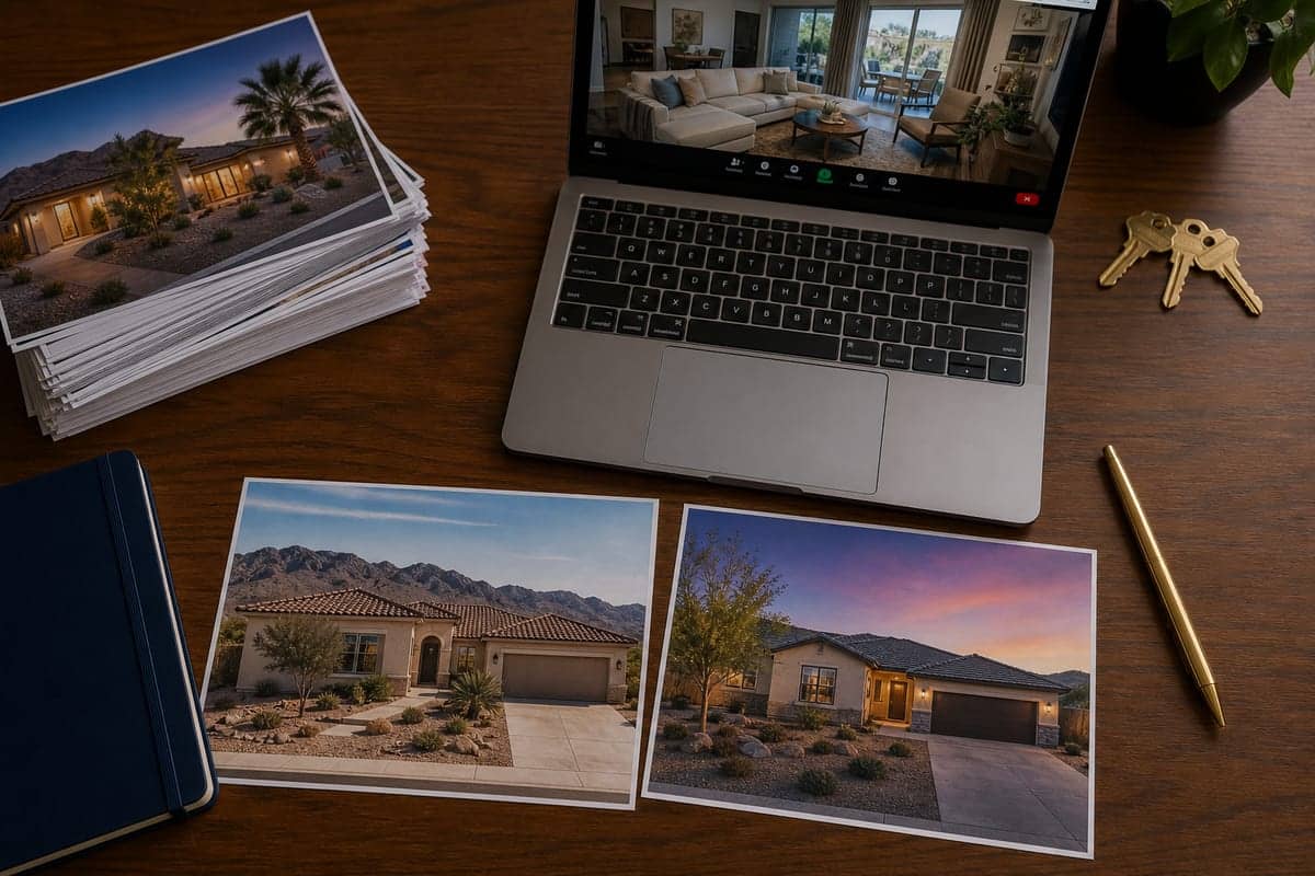 Two listing photos of single-level homes beside a laptop paused on a Zoom interior — a two-or-three finalist list.