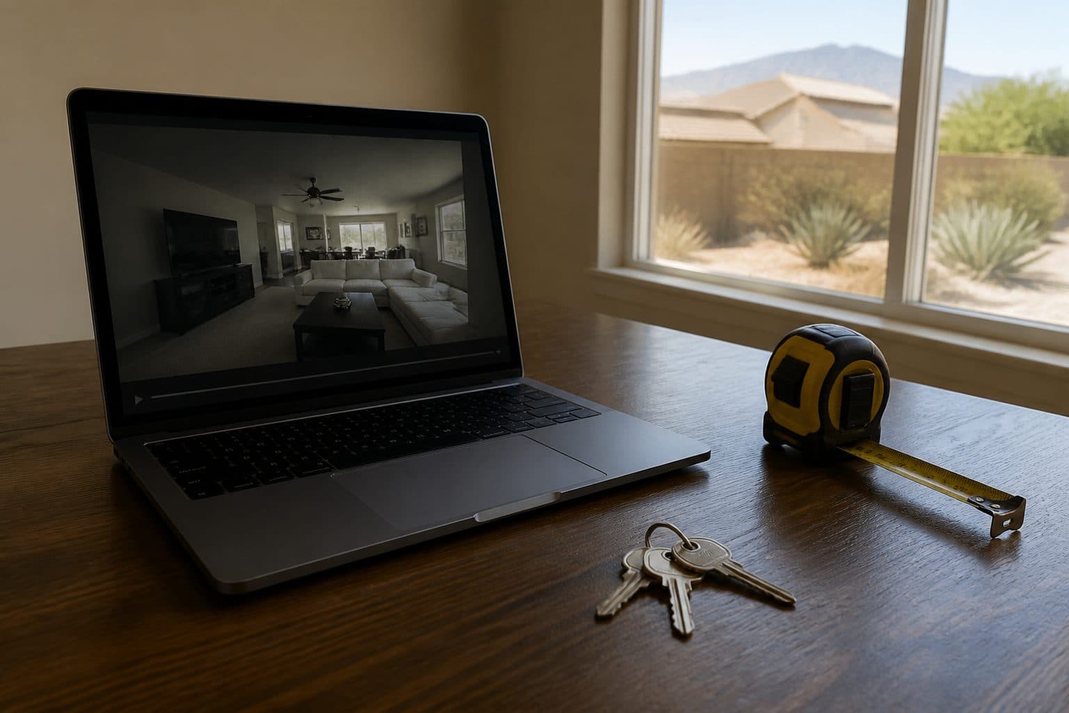 Tape measure, laptop with a paused interior video, and three house keys on a table.