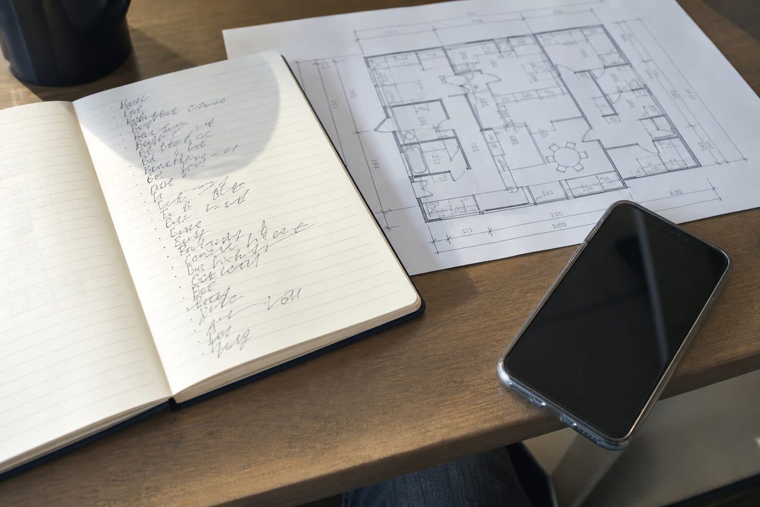 Open notebook with a handwritten access-feature list next to a floor plan and a phone.