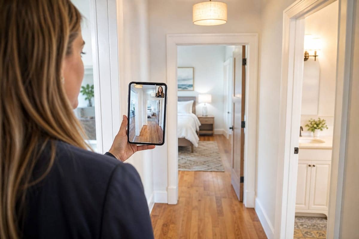 Agent filming a live Zoom walkthrough down a hallway toward an open bedroom and bathroom.