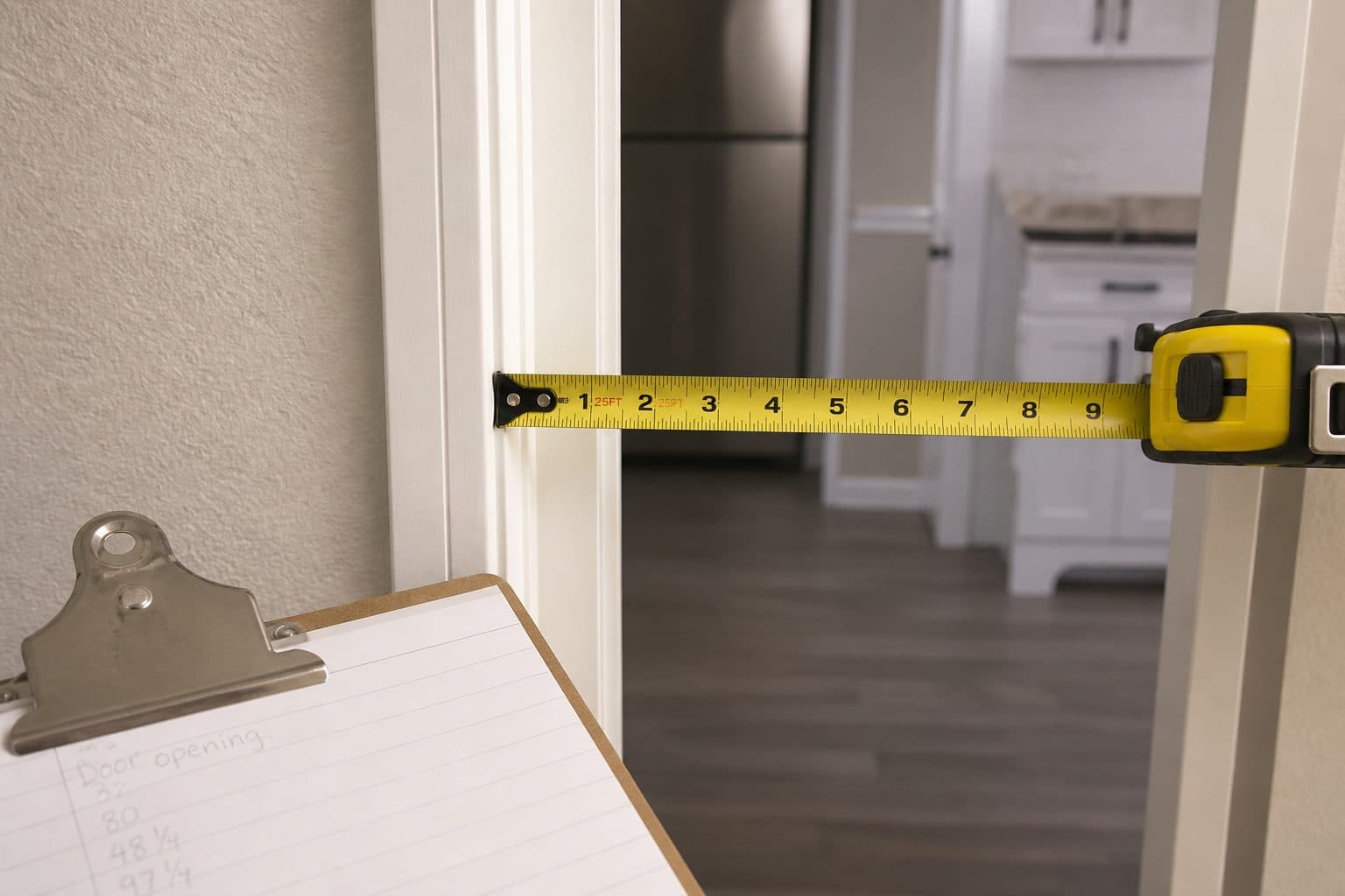 Tape measure on a door jamb with a clipboard noting threshold height and clear width.