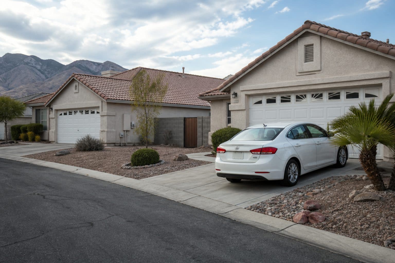 Two single-level house fronts on a quiet Las Vegas street, parked car at the nearer driveway.