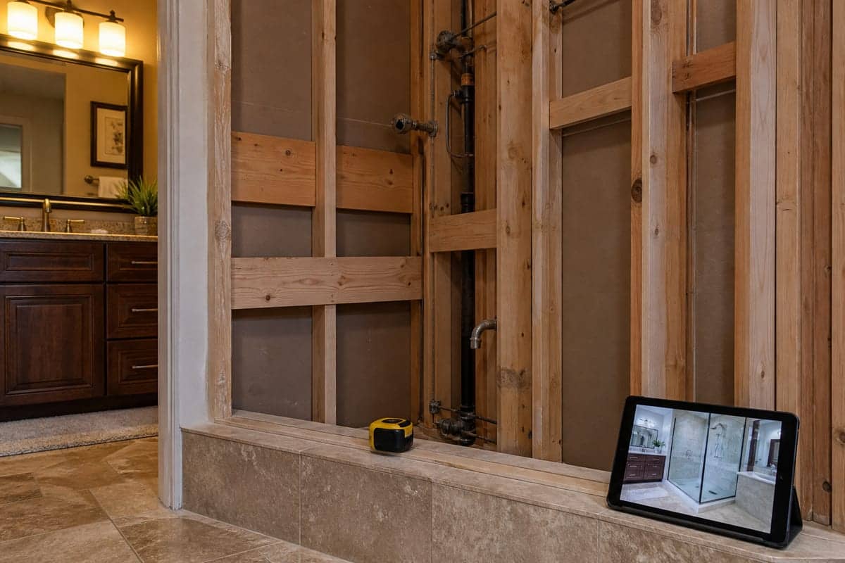 Open bathroom wall showing wood blocking for grab bars, tape measure on the tile lip, tablet nearby.
