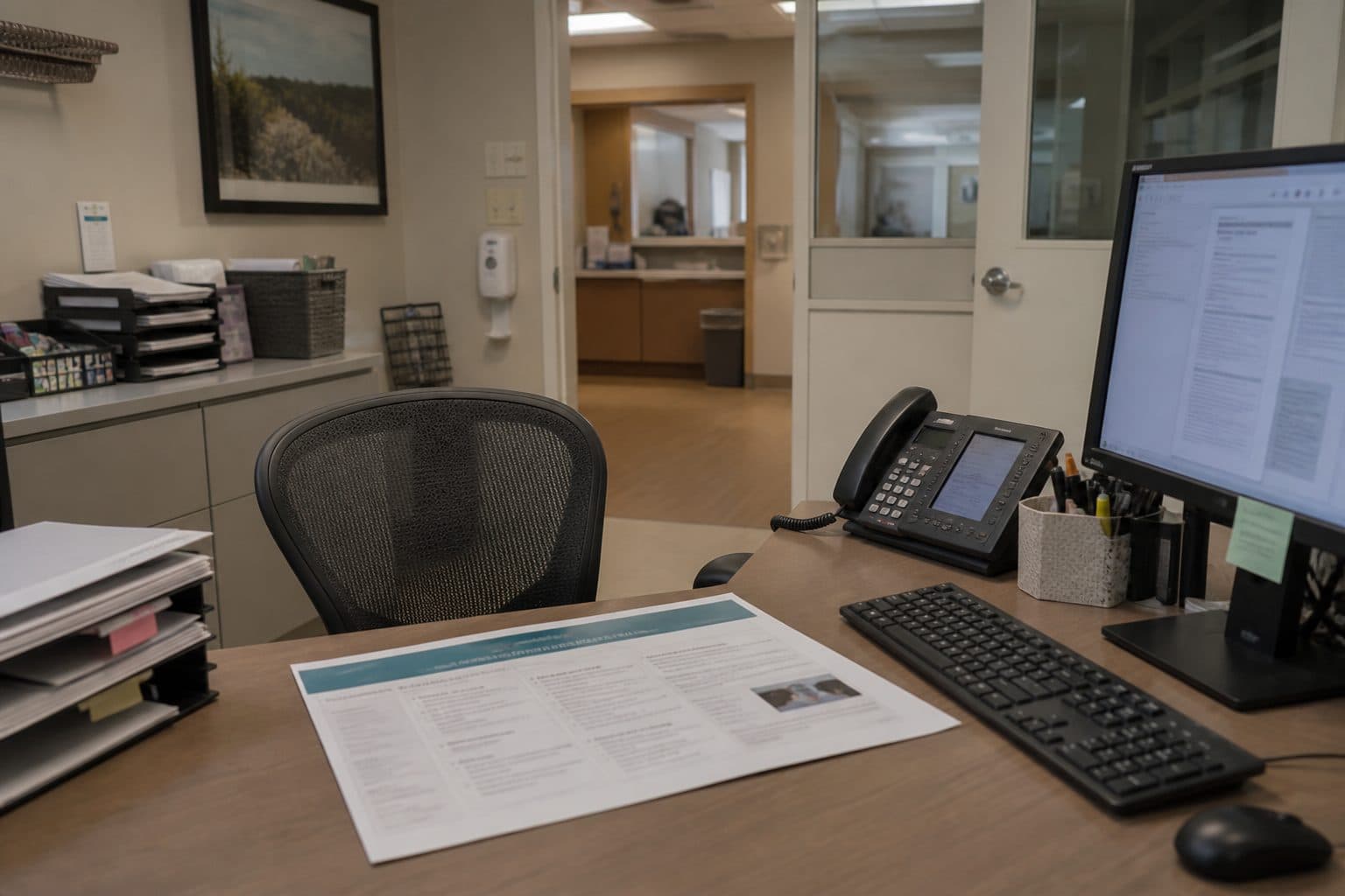 Hospital case-management desk with a housing feature brief, not a patient bedside scene.