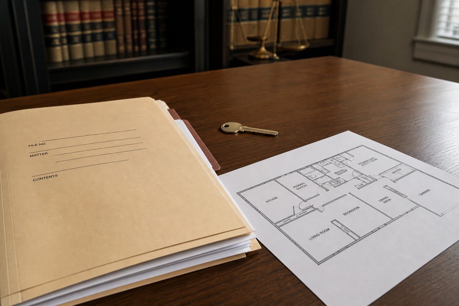 Legal file folder, house key, and a remote-tour still of a single-level floor plan.
