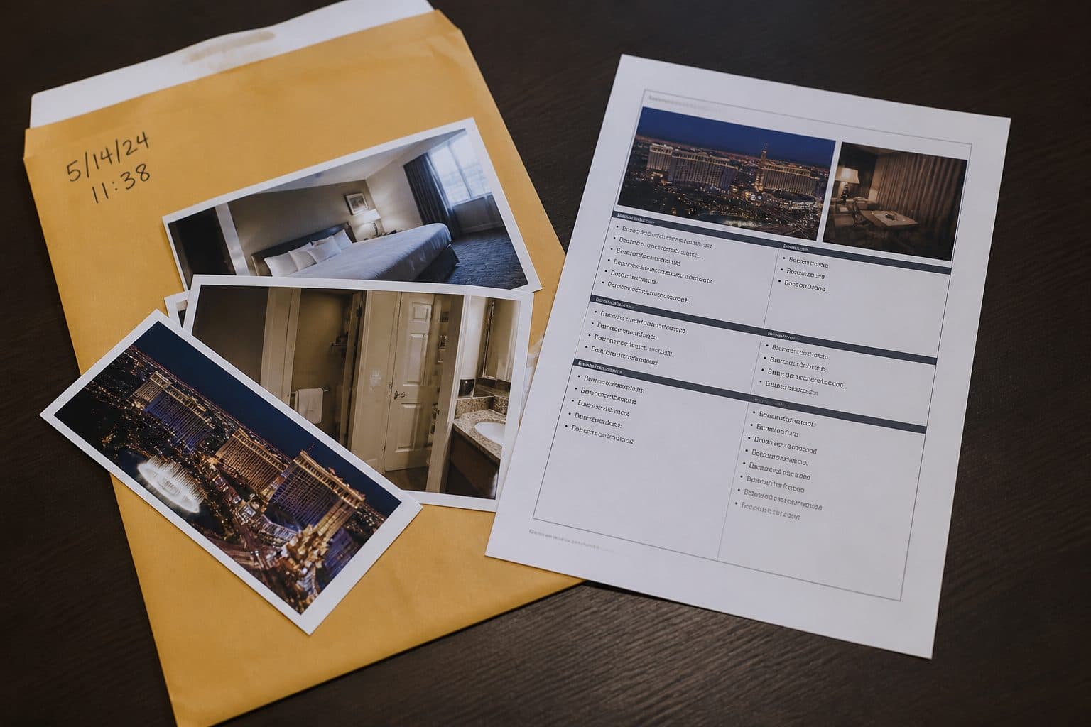 Envelope of stills and a one-page feature sheet labeled with a date, not a diagnosis.