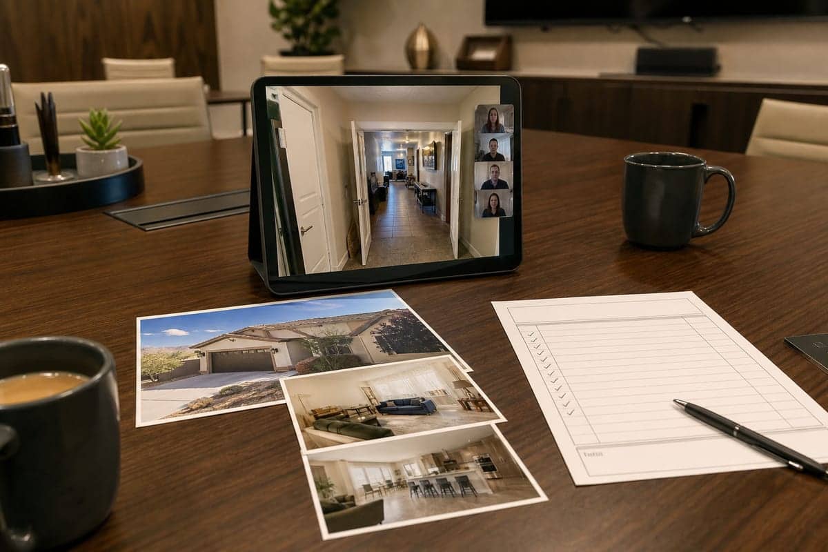 Conference table with a tablet playing a Zoom doorway tour, listing photos, and a blank access checklist.