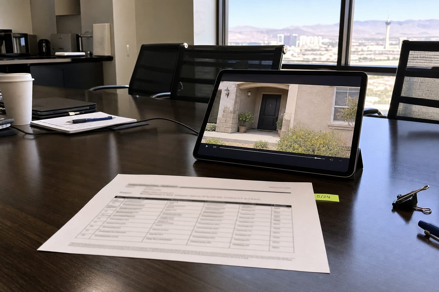Dated shortlist printout and a tablet playing a doorway video on a conference table.