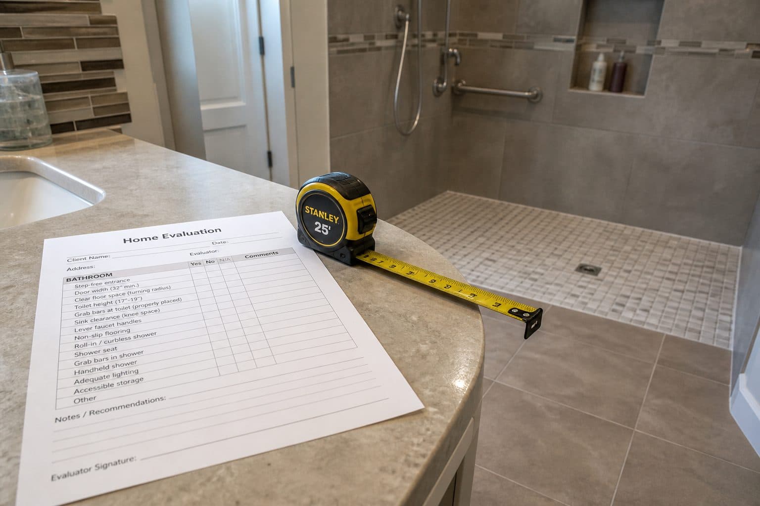Tape measure and a home-evaluation form on a bathroom vanity beside a roll-in shower.