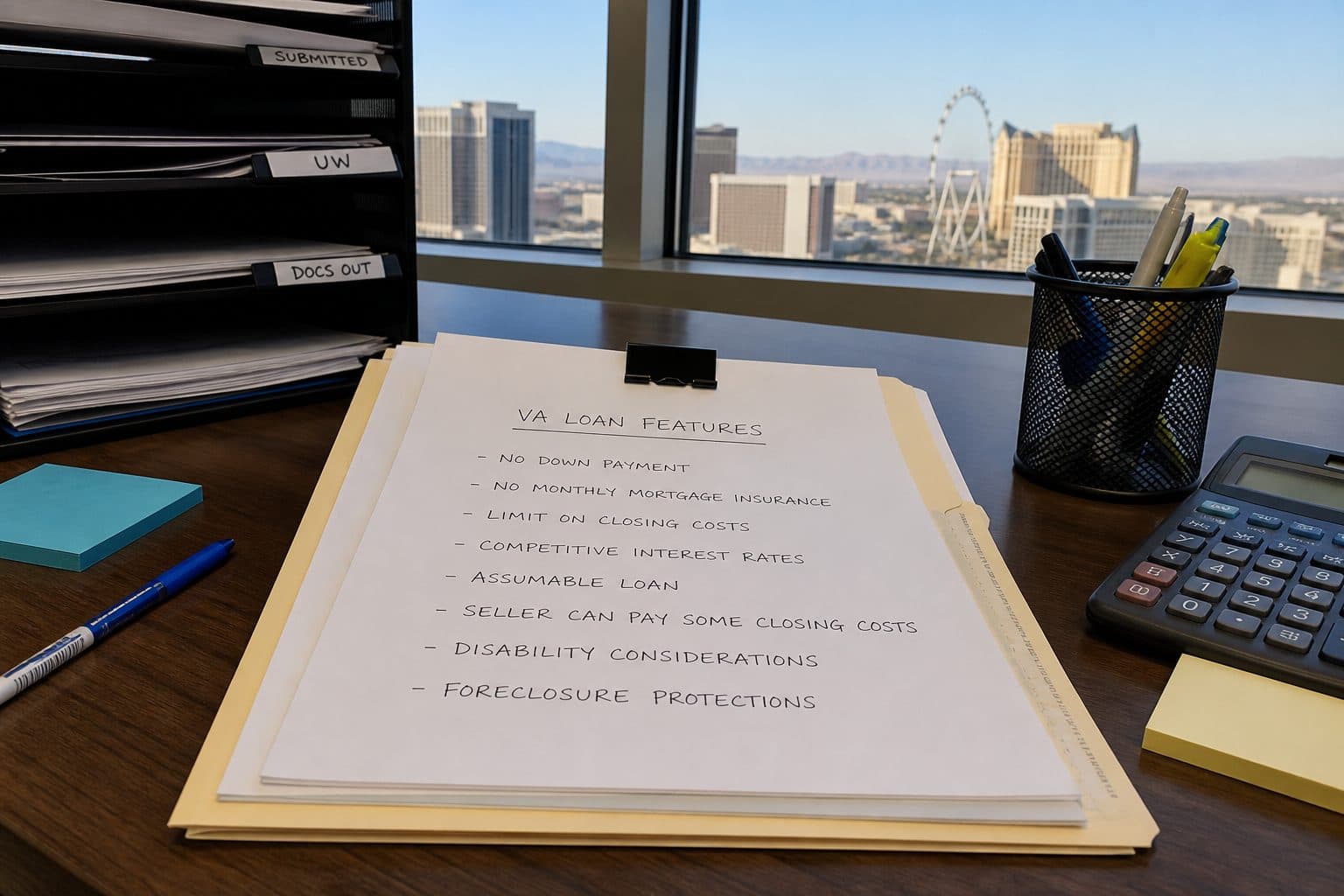 Loan processor desk with a written feature sheet clipped to a file, no grant amounts shown.