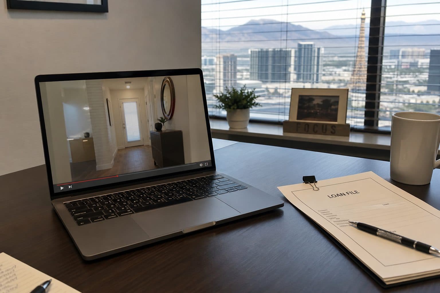 Laptop showing a paused remote tour beside a paper loan file, no amounts visible.