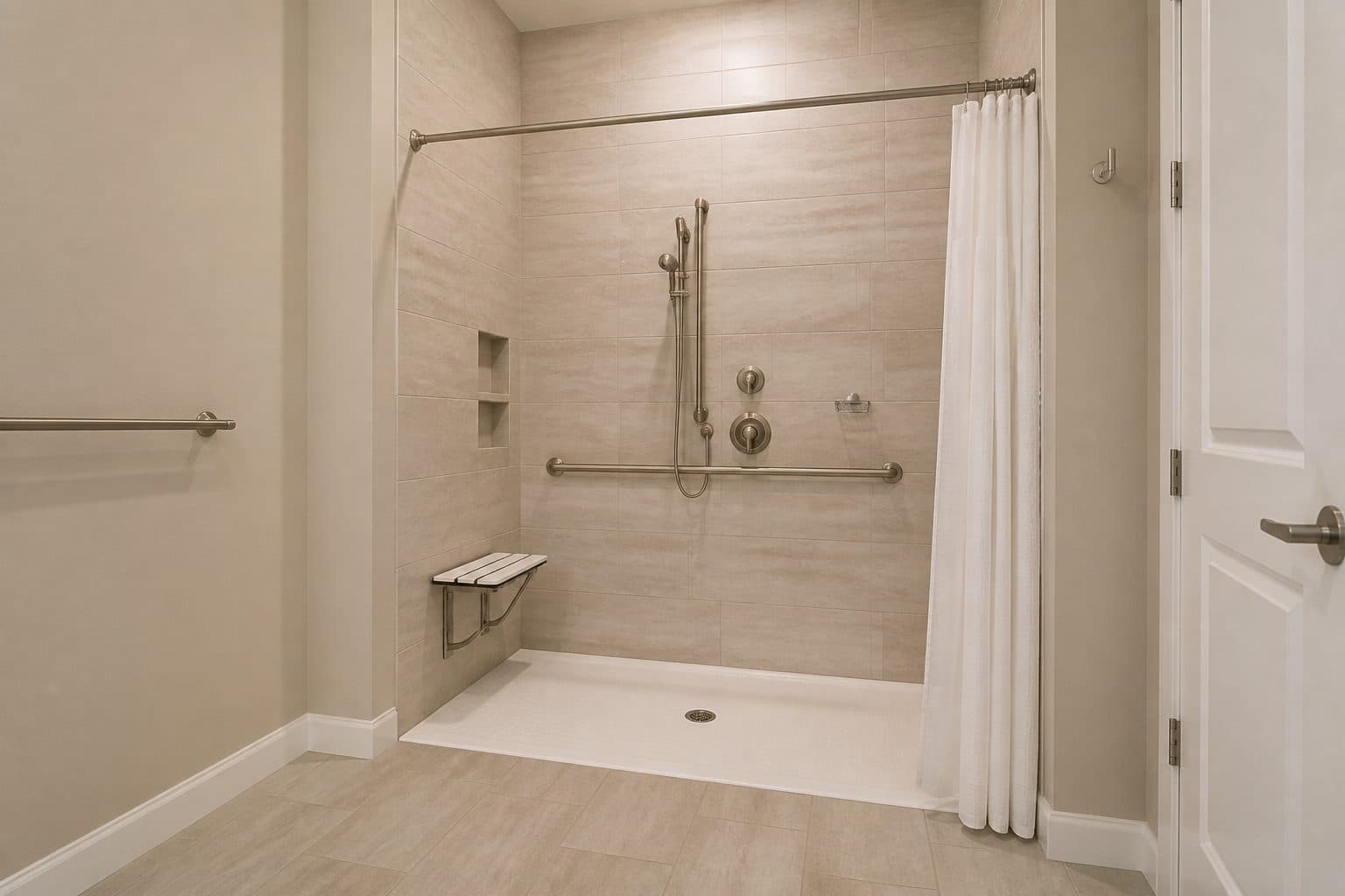 Roll-in shower with a transfer space and wall blocking, residential bath, no hospital set.