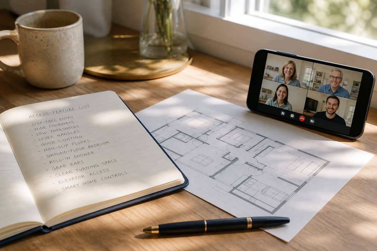 Access-feature list and floor plan beside a Zoom call. No dollar figures on the page or the screen.
