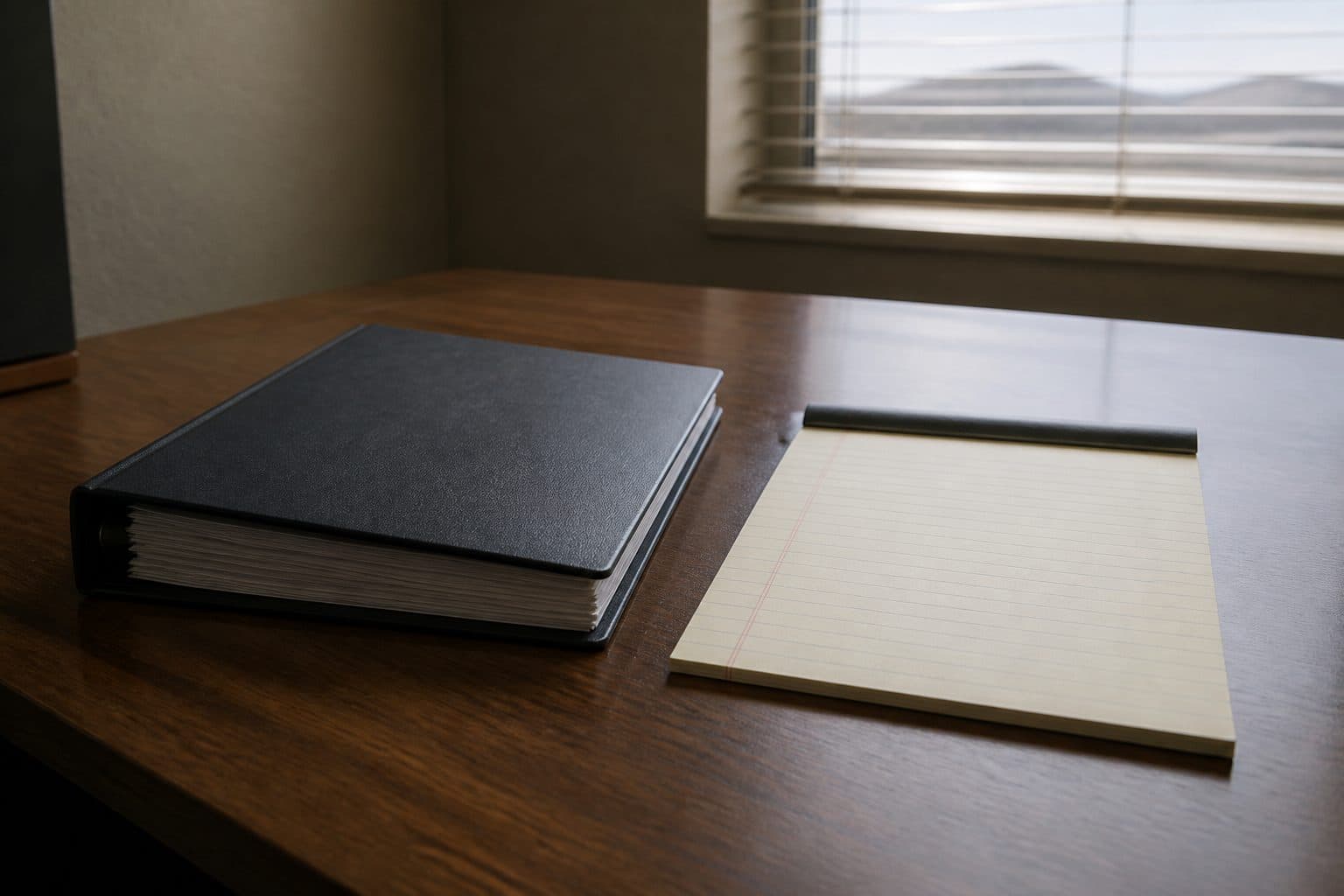 Closed document binder and a blank notepad. No dollar figures on screen or paper.